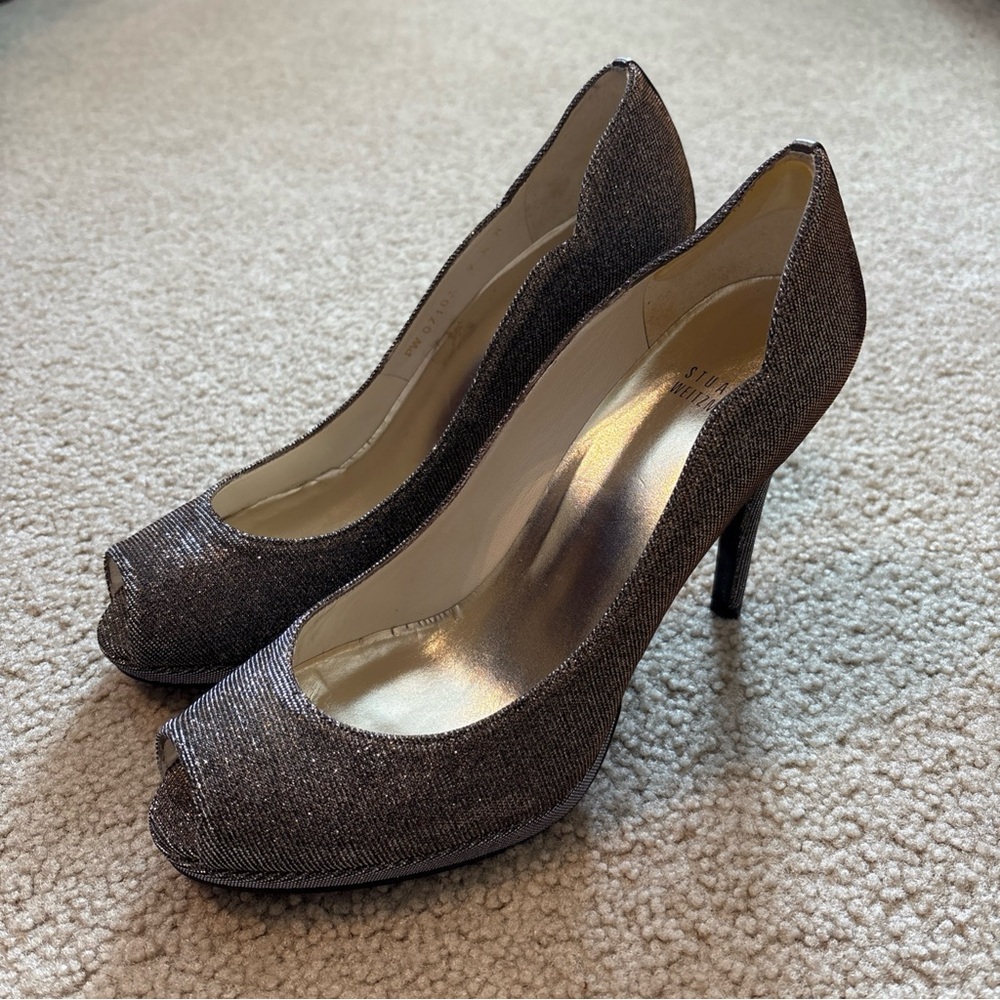 Stuart Weitzman Evebaton Platform Peep Toe Pyrite Nocturn Heels